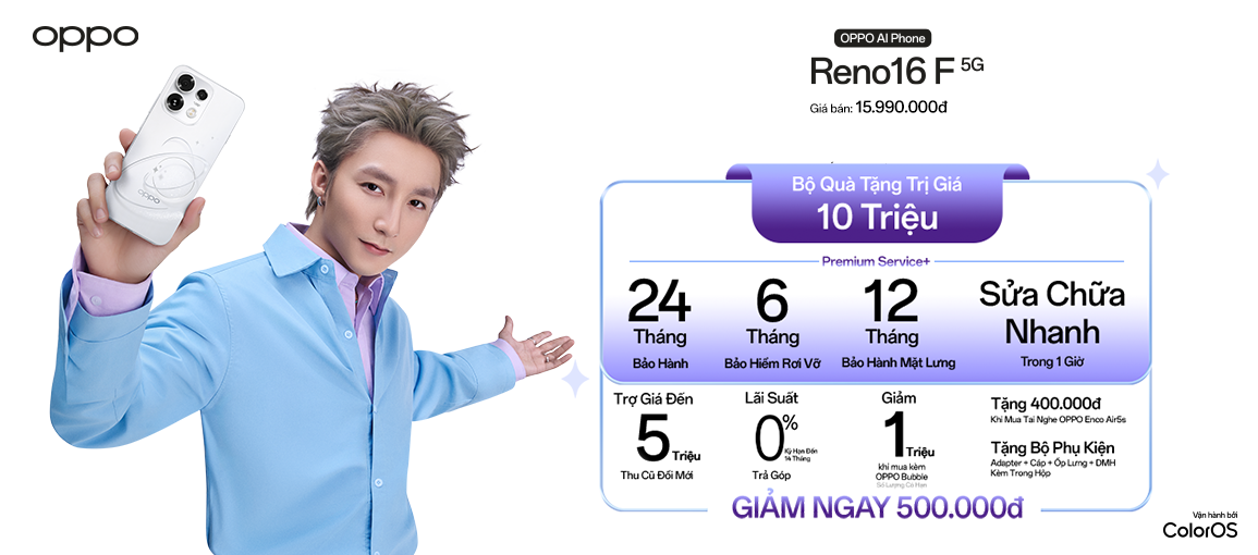 Reno16 F 5G \n Giá 15.990.000đ