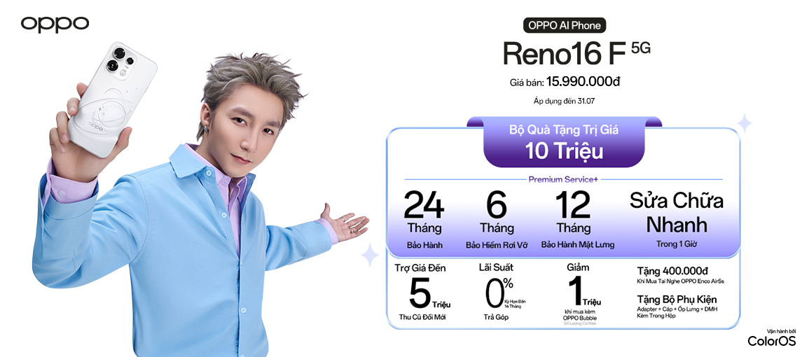 Reno16 F 5G \n Giá 15.990.000đ