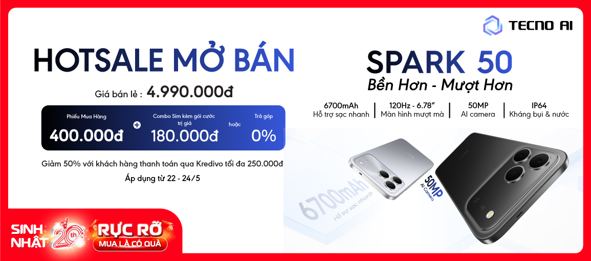 Mở Bán Tecno Spark 50 \n Giá Chỉ 4.990.000đ